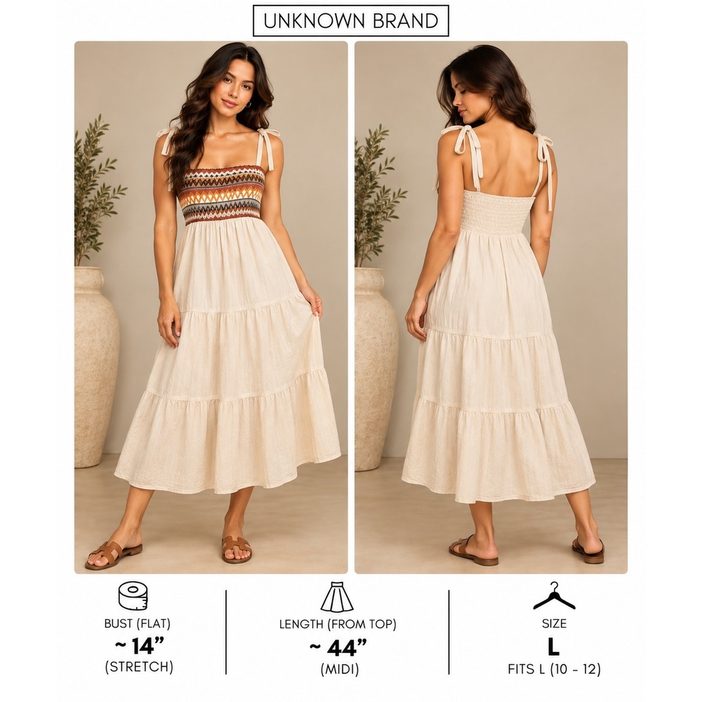Boho Tiered Midi Dress Cream Embroidered Smocked Bodice Tie Strap Large